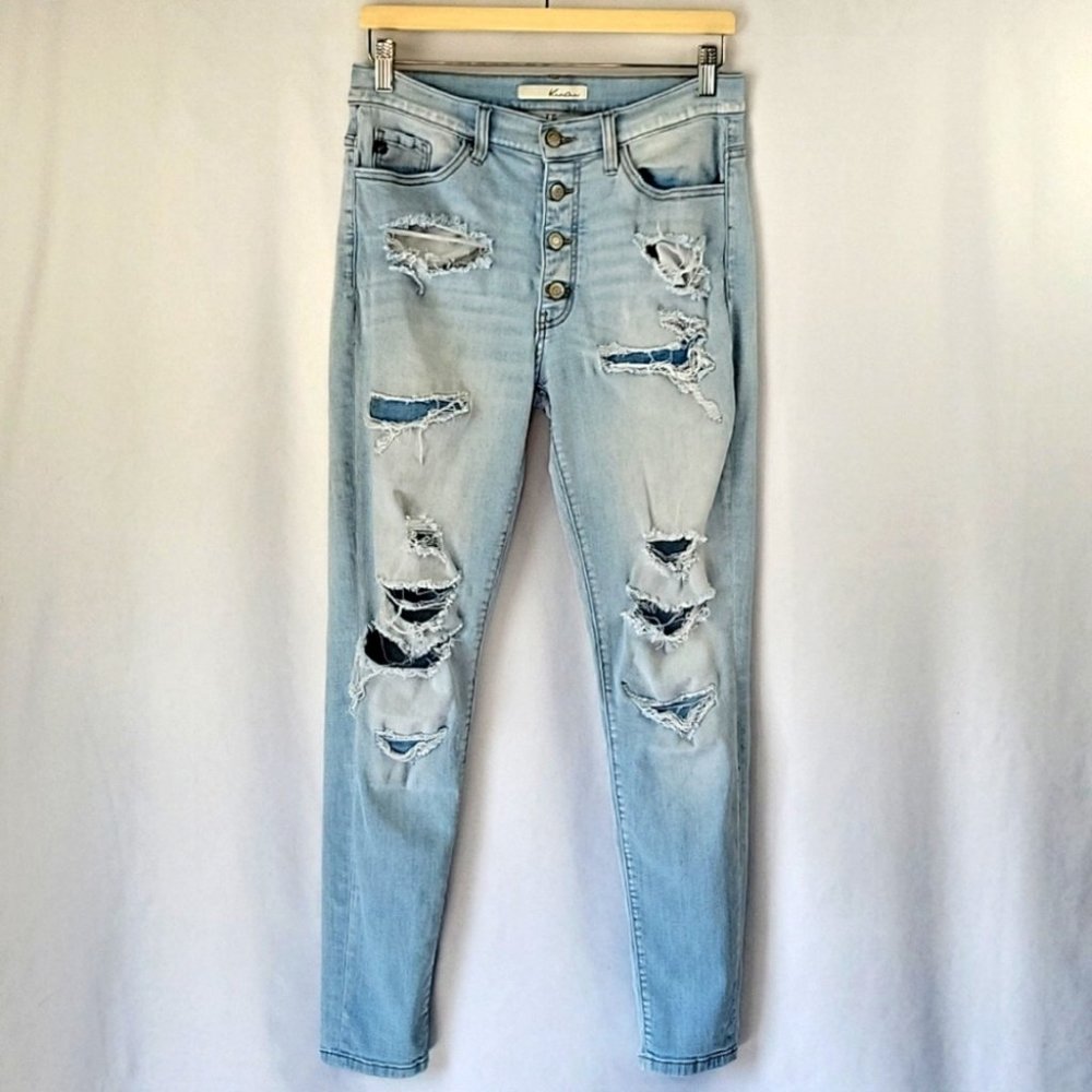 KanCan Hi Rise Button Fly Distressed Skinny Jeans Lt. Wash Size 29